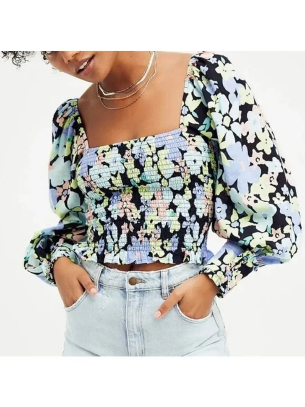 Ariana Floral Puff Sleeve Smocked Square Neck Blouse Ruched